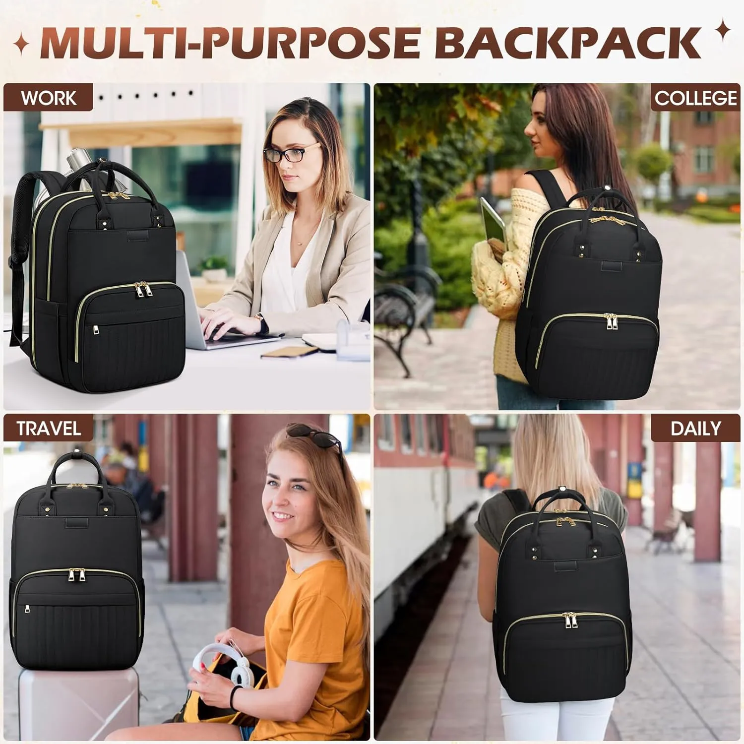 RAINSMORE Laptop Backpack for Women 15.6 Inch Fashion Carry on Travel Backpack Waterproof Work Business Computer Backpacks Purse Large Nurse Teacher Bags Casual Daypacks for College, Business, Black