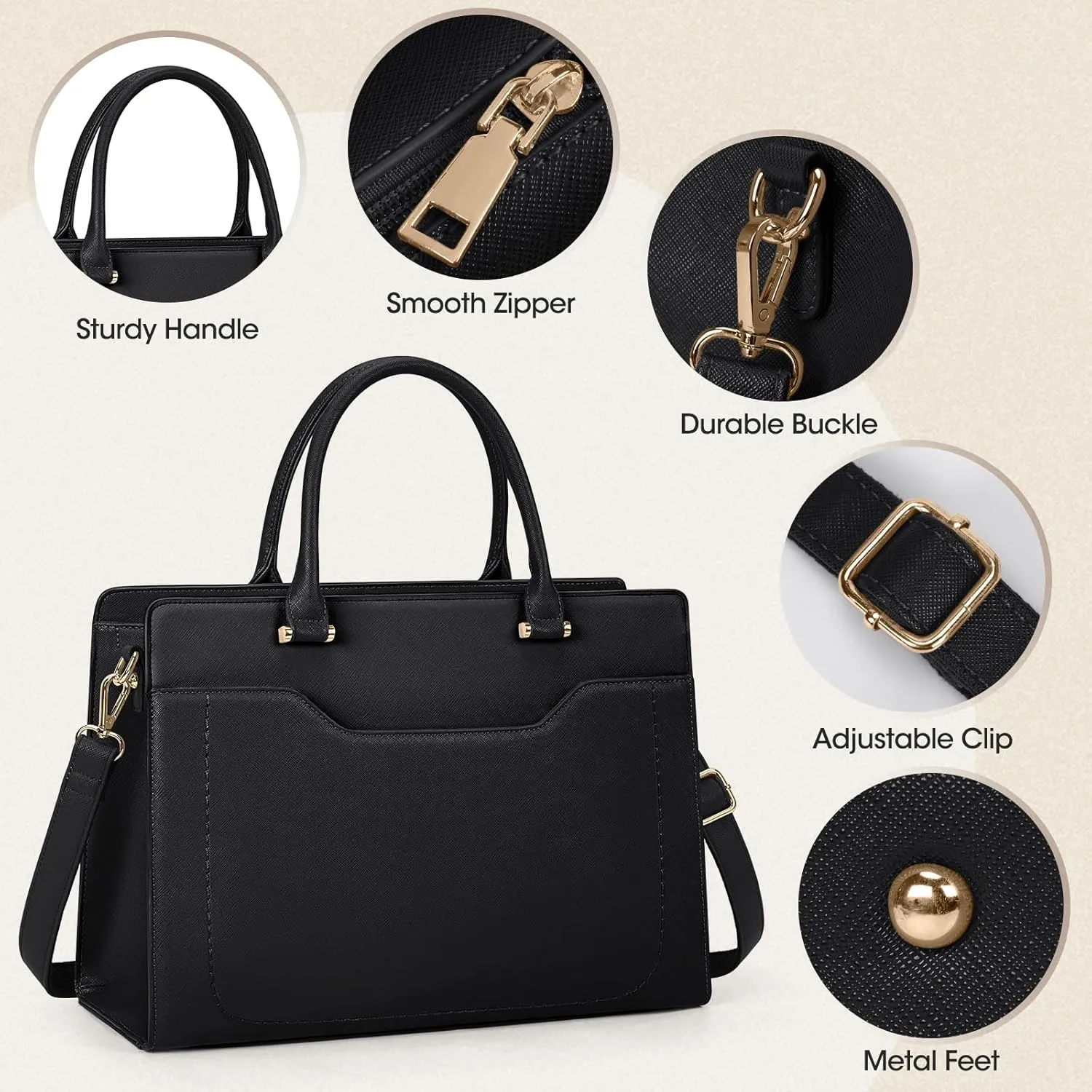RAINSMORE Laptop Bag for Women 15.6 Inch Laptop Tote Bag Waterproof Leather Work Bags Professional Computer Briefcase Large Capacity Handbag for Business Teacher Office, Black