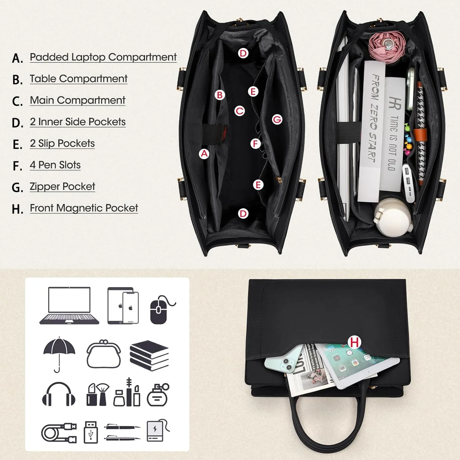 RAINSMORE Laptop Bag for Women 15.6 Inch Laptop Tote Bag Waterproof Leather Work Bags Professional Computer Briefcase Large Capacity Handbag for Business Teacher Office, Black