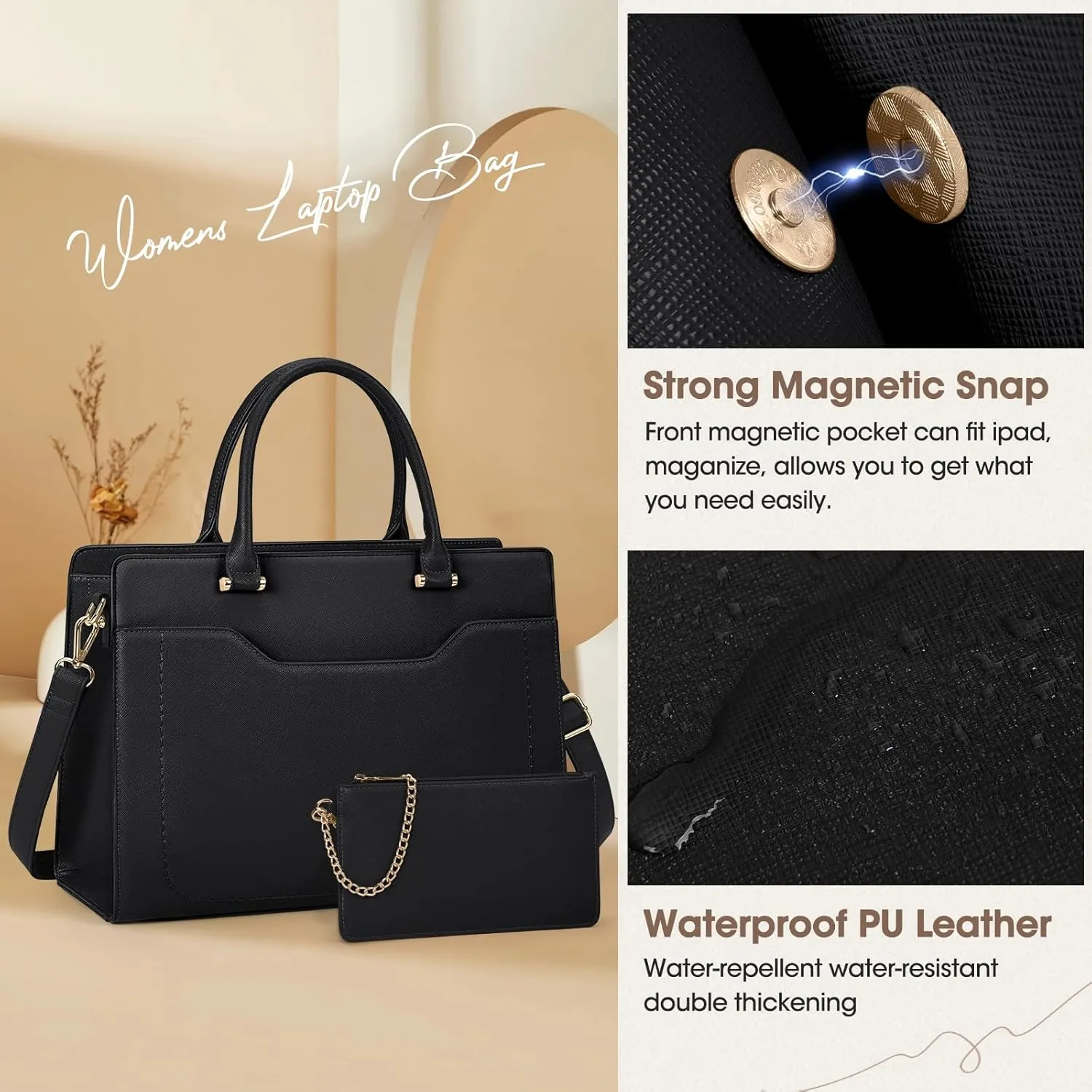RAINSMORE Laptop Bag for Women 15.6 Inch Laptop Tote Bag Waterproof Leather Work Bags Professional Computer Briefcase Large Capacity Handbag for Business Teacher Office, Black