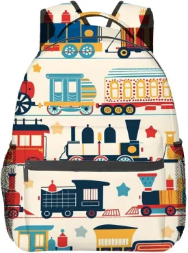 Retro Train Backpack,Vintage Railway Polyester Backpacks,Lightweight Double Shoulder Back Pack for Boys,Cool Locomotive Cream Bookbag,School Bag Gifts,Casual Travel Daypack Book Packs