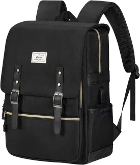 Ronyes Vintage Laptop Backpack for Women Men,15.6 inch Bookbag Casual Daypack with USB Charging Port for College Work, All Black Backpacks