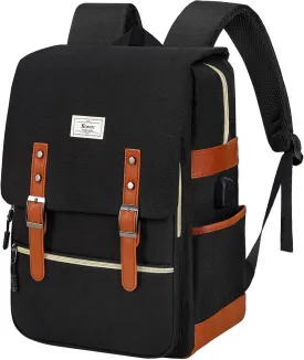 Ronyes Vintage Laptop Backpack for Women Men,15.6 inch Bookbag Casual Daypack with USB Charging Port for College Work, Black Backpacks