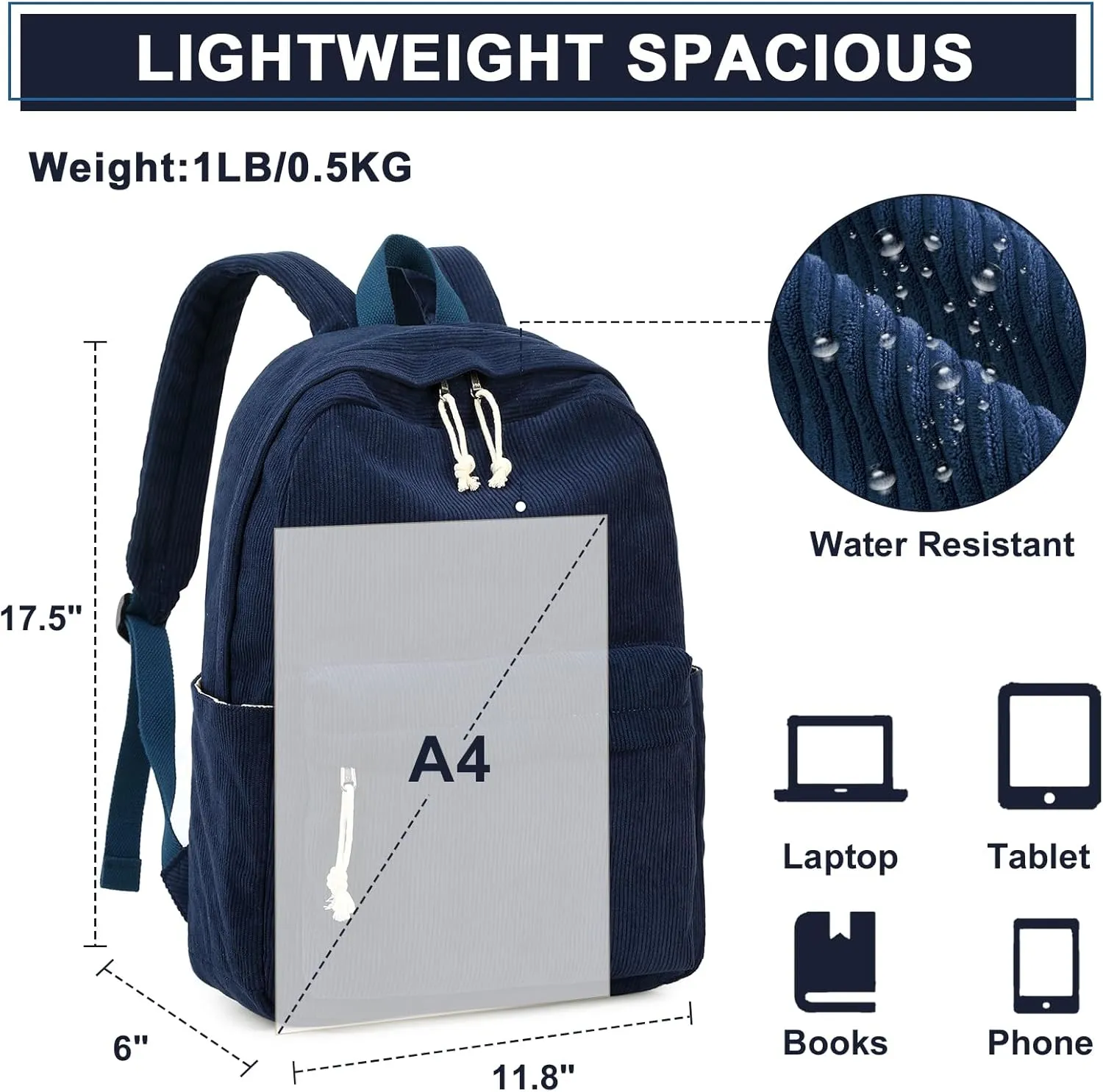 School Backpack for Teen Girls Women Laptop Backpack College Bookbags Middle School Travel Work Commuter Back PackCorduroy navy blue