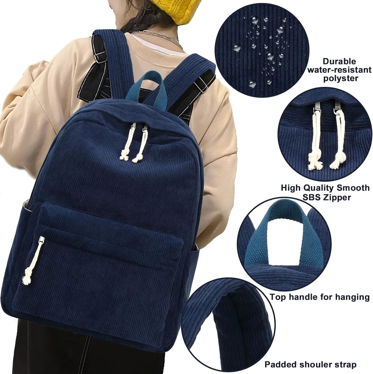 School Backpack for Teen Girls Women Laptop Backpack College Bookbags Middle School Travel Work Commuter Back PackCorduroy navy blue