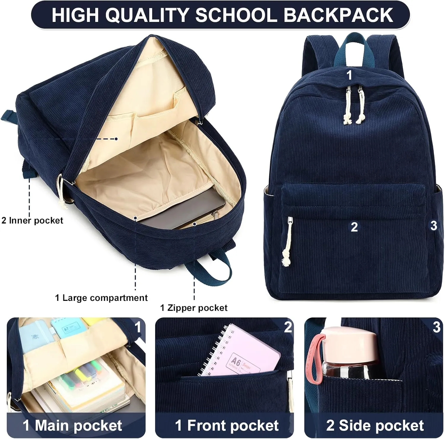 School Backpack for Teen Girls Women Laptop Backpack College Bookbags Middle School Travel Work Commuter Back PackCorduroy navy blue