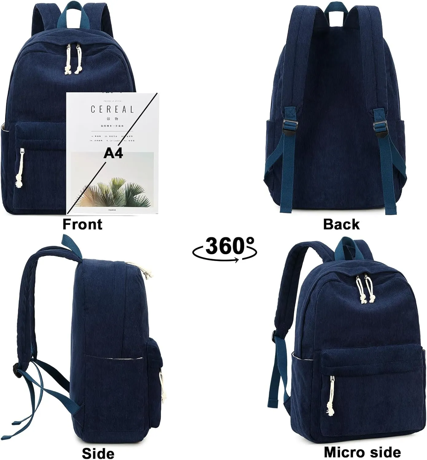 School Backpack for Teen Girls Women Laptop Backpack College Bookbags Middle School Travel Work Commuter Back PackCorduroy navy blue
