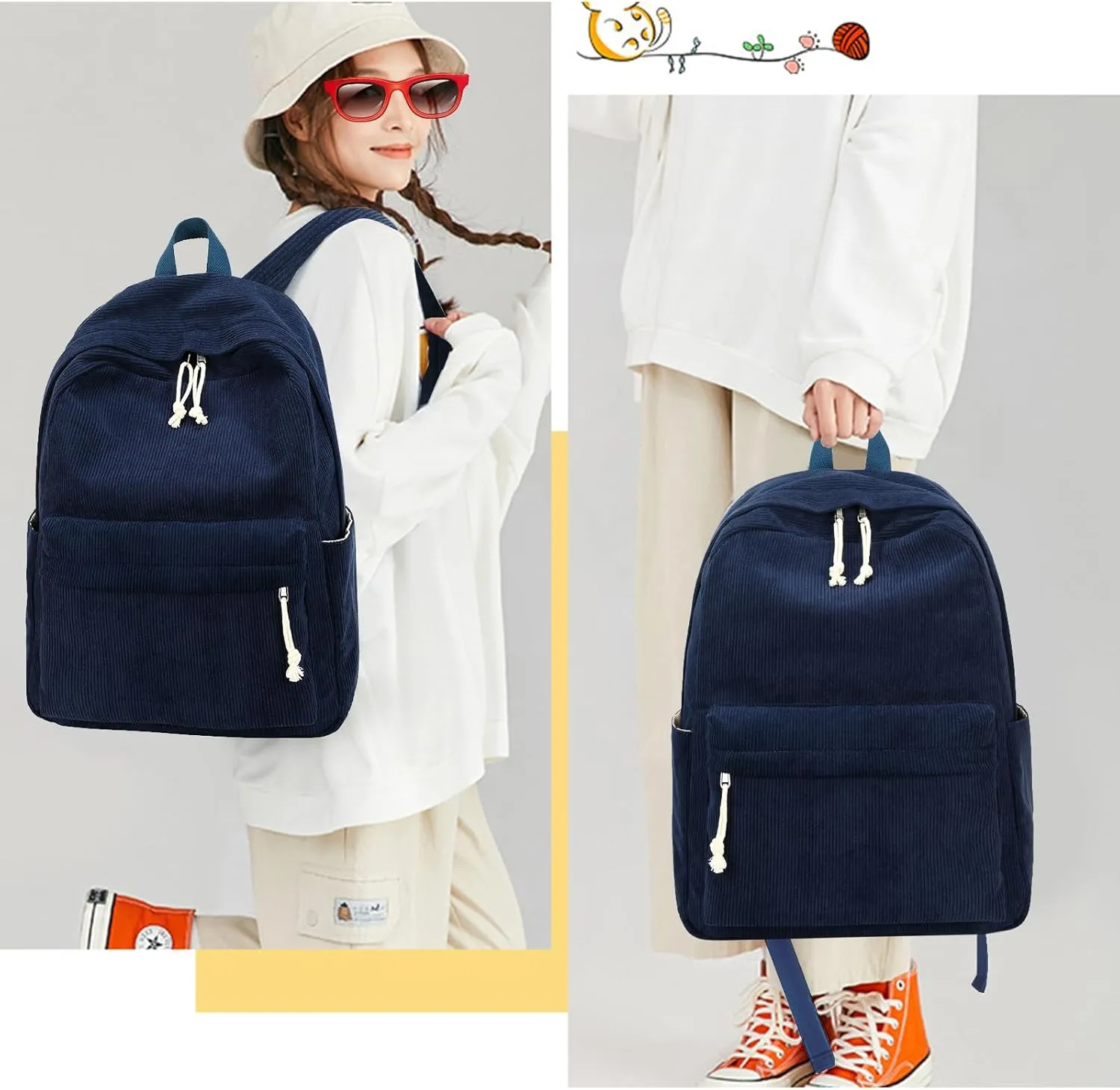 School Backpack for Teen Girls Women Laptop Backpack College Bookbags Middle School Travel Work Commuter Back PackCorduroy navy blue
