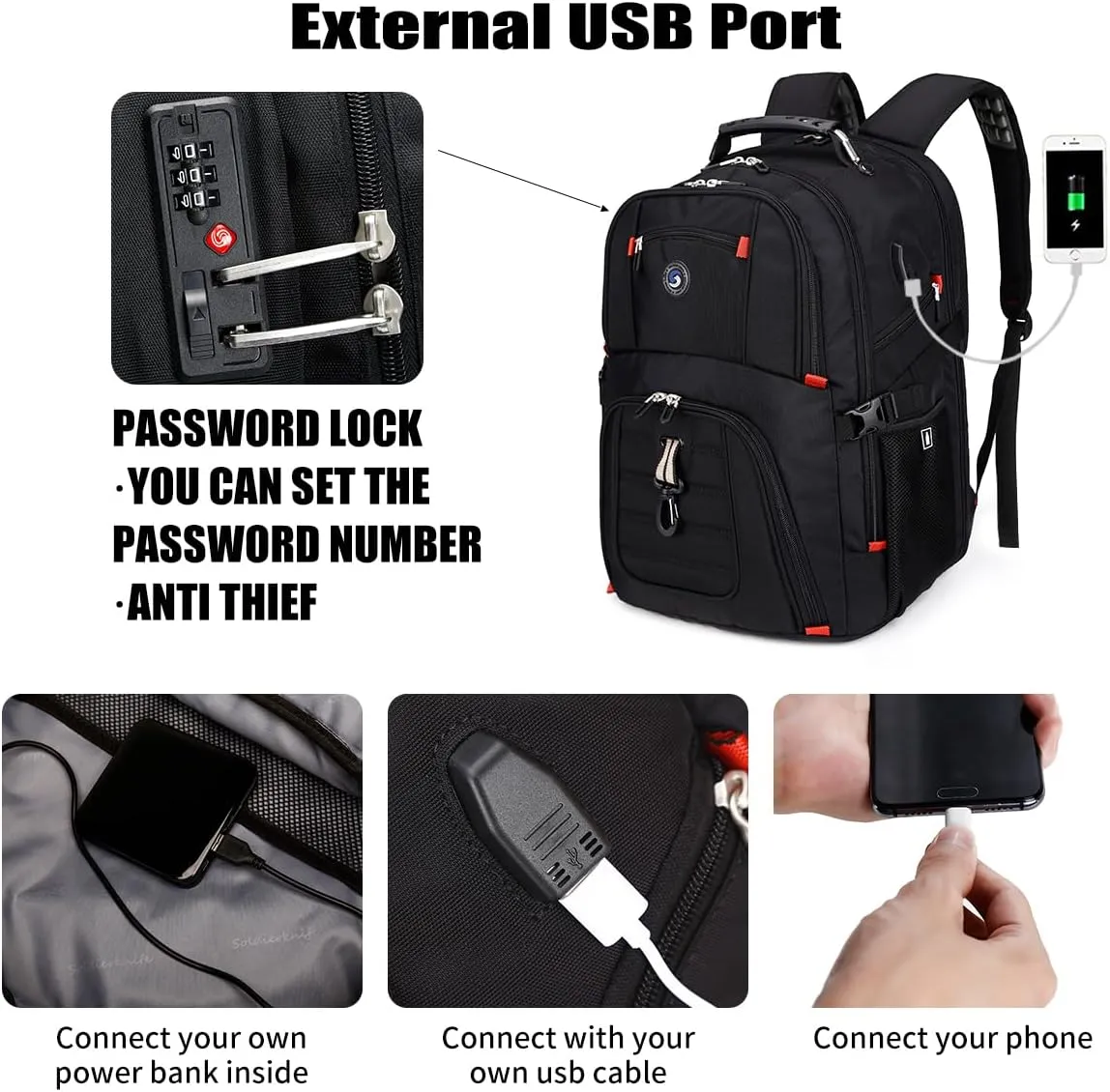 SHRRADOO Extra Large 50L Travel Laptop Backpack with USB Charging Port, College Backpack Airline Approved Business Work Bag Fits 17 Inch Computer for Men Women