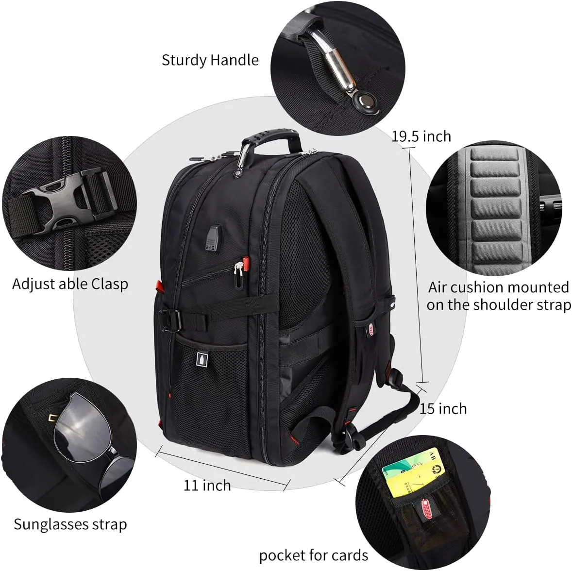 SHRRADOO Extra Large 50L Travel Laptop Backpack with USB Charging Port, College Backpack Airline Approved Business Work Bag Fits 17 Inch Computer for Men Women