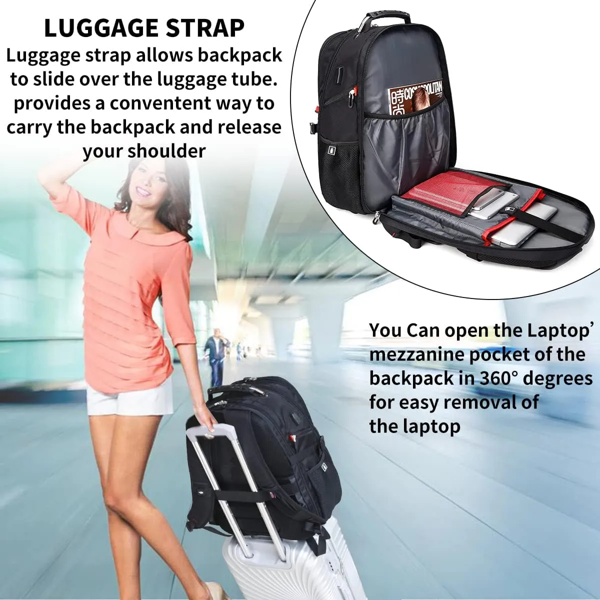 SHRRADOO Extra Large 50L Travel Laptop Backpack with USB Charging Port, College Backpack Airline Approved Business Work Bag Fits 17 Inch Computer for Men Women