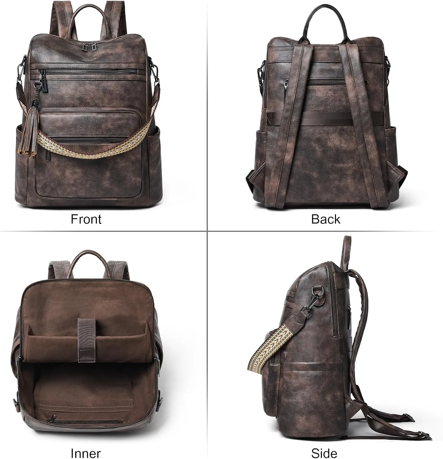 Shrrie 15.6 Inch Laptop Backpack for Women - Large Leather Purse, Travel Carry-on, Water Resistant, Casual College Work Bag, Two-toned Coffee