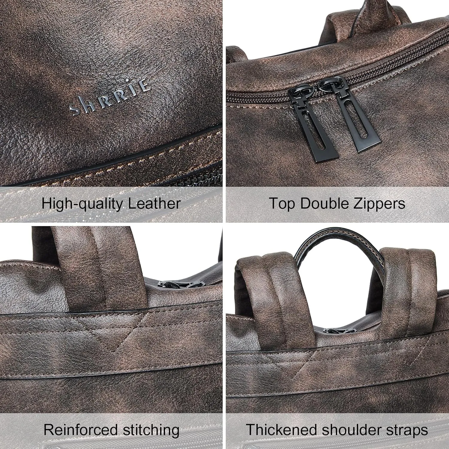 Shrrie 15.6 Inch Laptop Backpack for Women - Large Leather Purse, Travel Carry-on, Water Resistant, Casual College Work Bag, Two-toned Coffee