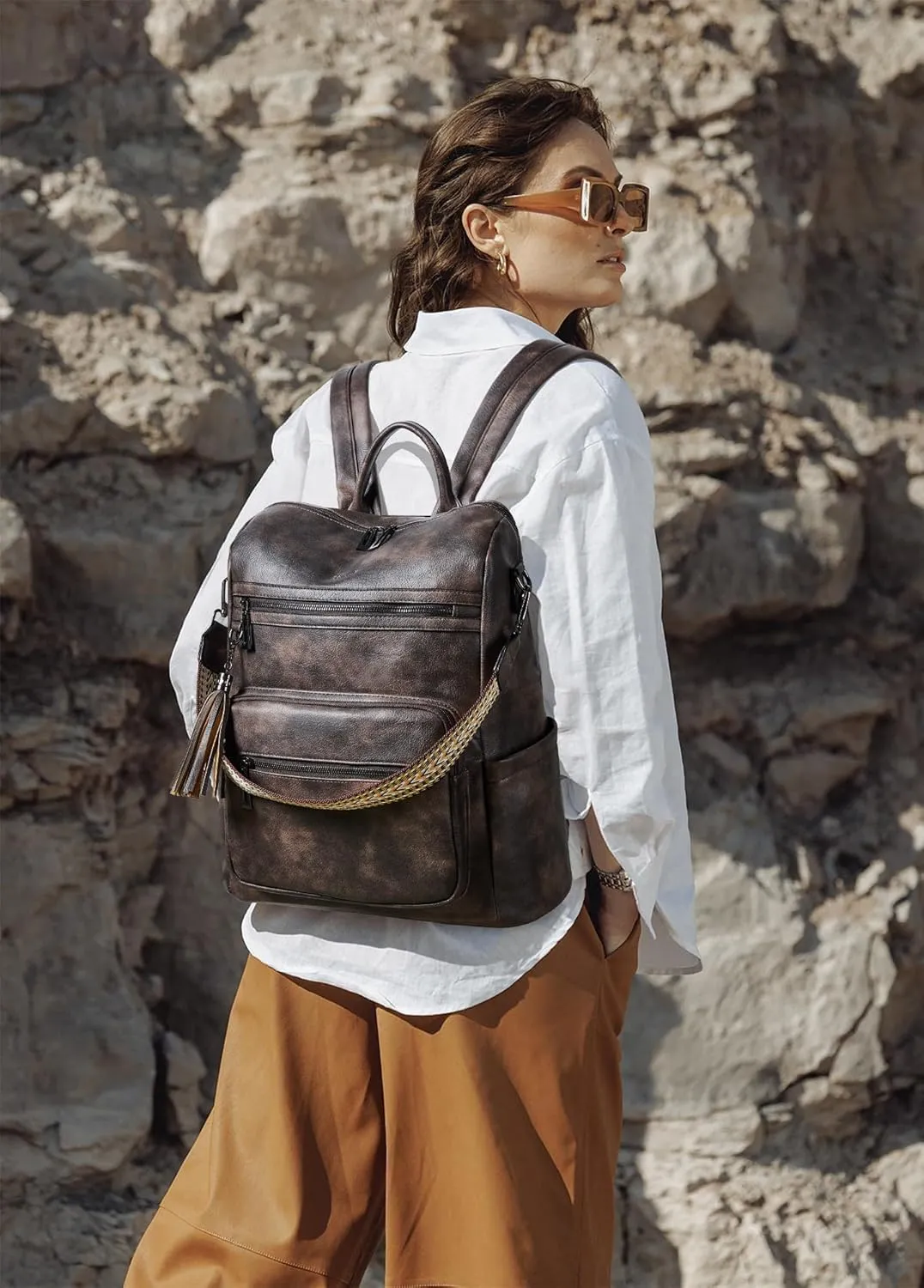 Shrrie 15.6 Inch Laptop Backpack for Women - Large Leather Purse, Travel Carry-on, Water Resistant, Casual College Work Bag, Two-toned Coffee