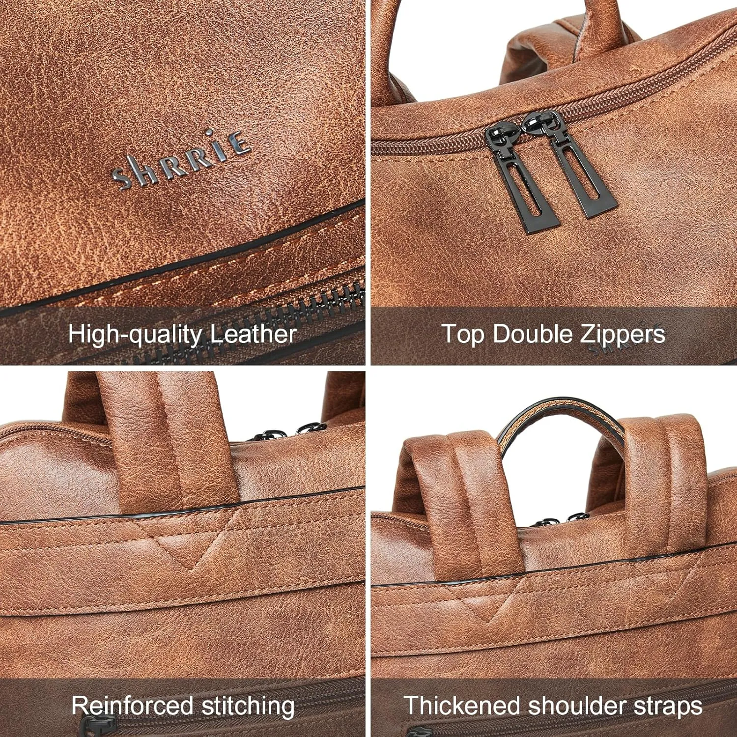 Shrrie 15.6 Inch Laptop Backpack for Women - Large Leather Travel Purse, Water Resistant Casual College Work Carry-on - Two-toned Brown