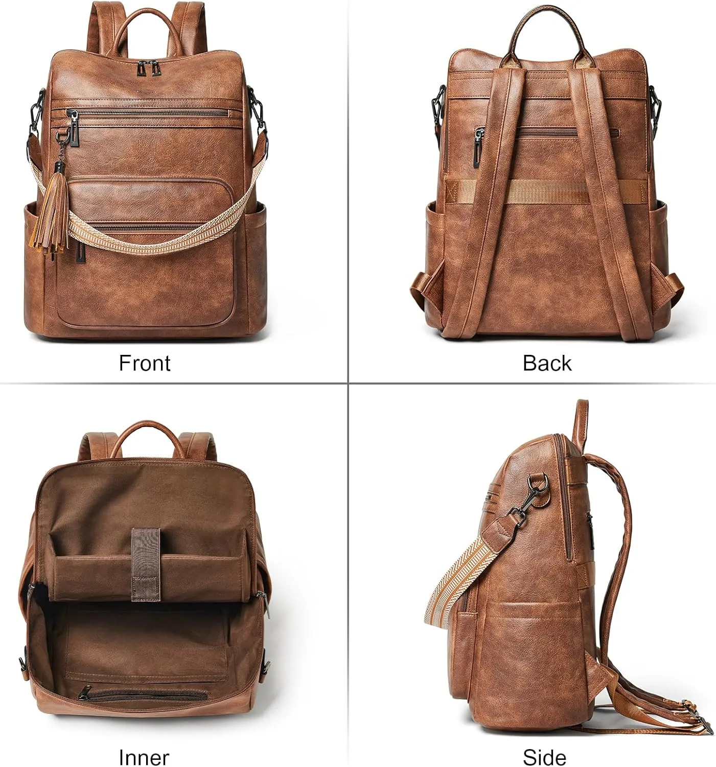 Shrrie 15.6 Inch Laptop Backpack for Women - Large Leather Travel Purse, Water Resistant Casual College Work Carry-on - Two-toned Brown