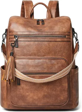 Shrrie 15.6 Inch Laptop Backpack for Women - Large Leather Travel Purse, Water Resistant Casual College Work Carry-on - Two-toned Brown