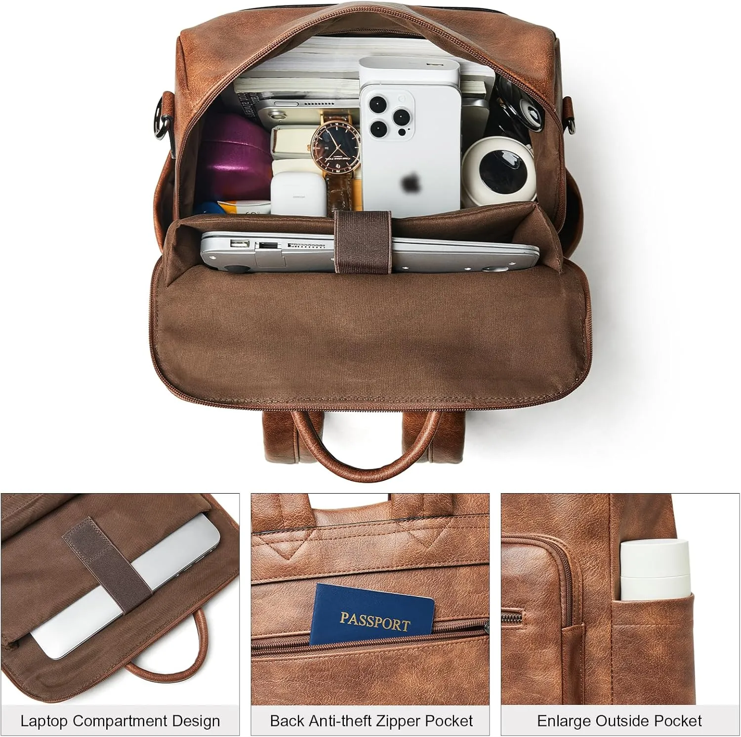 Shrrie 15.6 Inch Laptop Backpack for Women - Large Leather Travel Purse, Water Resistant Casual College Work Carry-on - Two-toned Brown