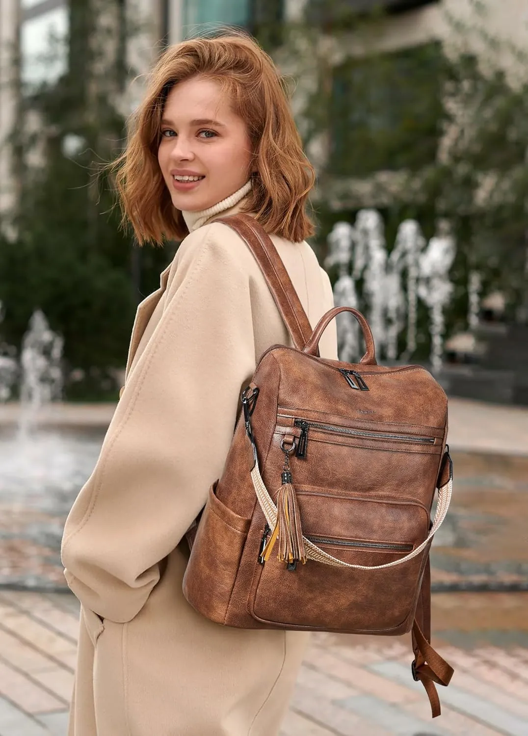 Shrrie 15.6 Inch Laptop Backpack for Women - Large Leather Travel Purse, Water Resistant Casual College Work Carry-on - Two-toned Brown