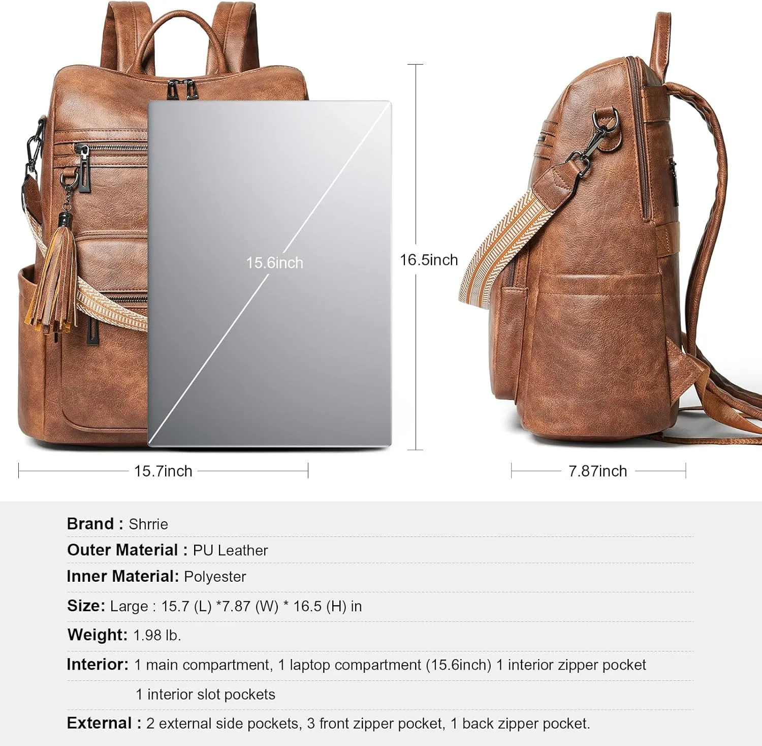 Shrrie 15.6 Inch Laptop Backpack for Women - Large Leather Travel Purse, Water Resistant Casual College Work Carry-on - Two-toned Brown