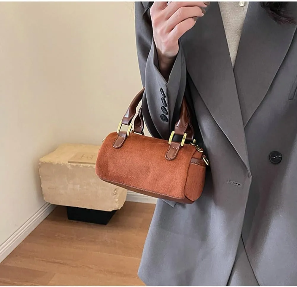 Slouchy Suede Boston Barrel Bag Women Corduroy Boho Satchels Shoulder Bag Crossbody Purse Mini Top-handle Tote Handbag