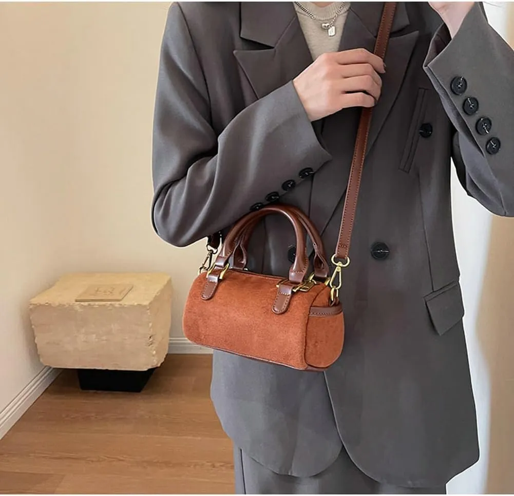 Slouchy Suede Boston Barrel Bag Women Corduroy Boho Satchels Shoulder Bag Crossbody Purse Mini Top-handle Tote Handbag
