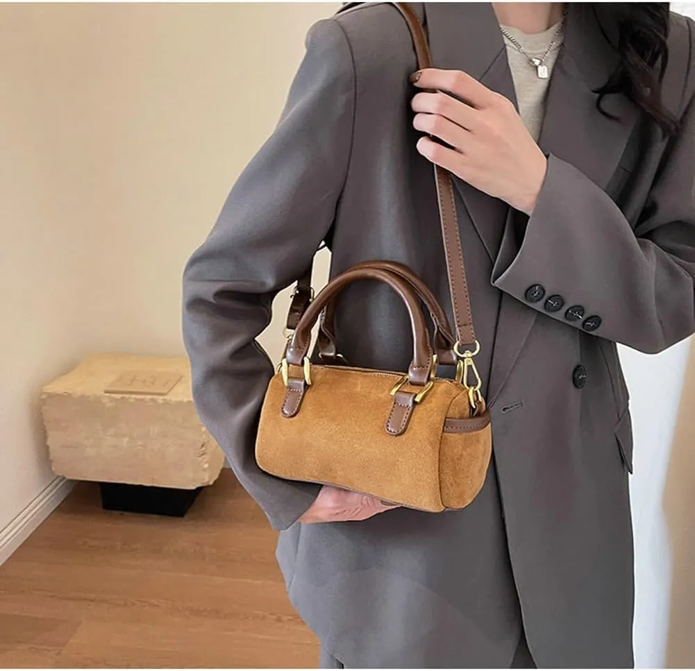 Slouchy Suede Boston Barrel Bag Women Corduroy Boho Satchels Shoulder Bag Crossbody Purse Mini Top-handle Tote Handbag