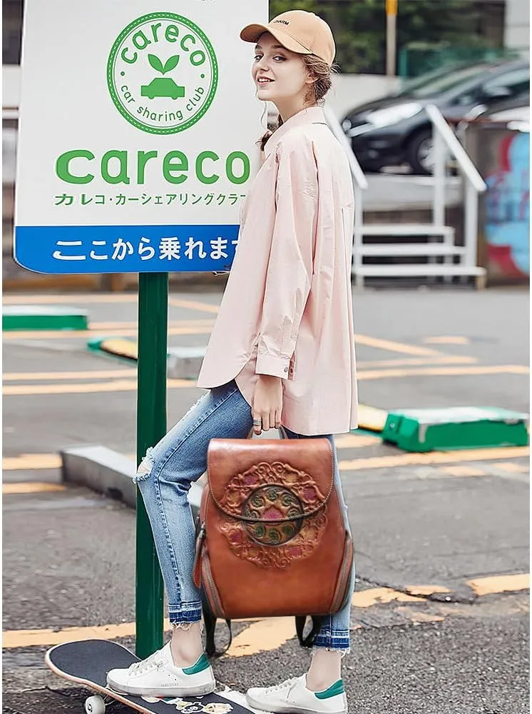 Small Travel backpack purse for women Genuine Leather Anti Theft Backpack with USB Charging Port Fashion Vintage Embossed Totem Backpacks Brown