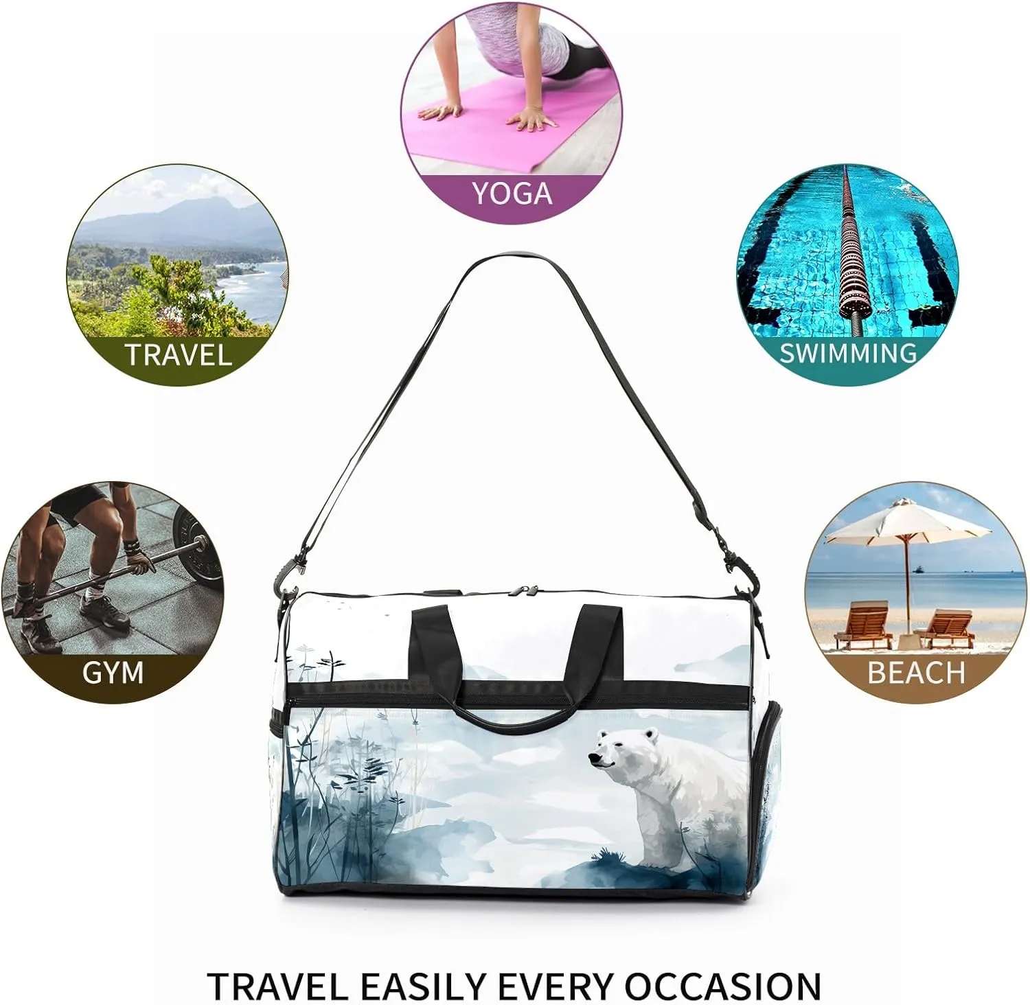 Sports Gym Bag for Women, Sport Duffle Workout Bags with Shoe Compartment, Small Womens Gym Bags, Chinese Painting Bear - 7