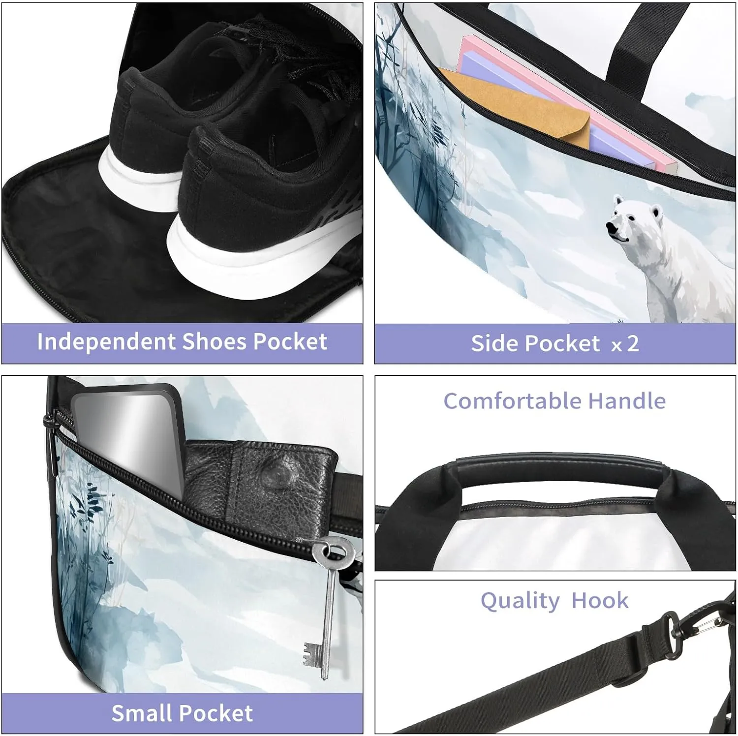 Sports Gym Bag for Women, Sport Duffle Workout Bags with Shoe Compartment, Small Womens Gym Bags, Chinese Painting Bear - 7