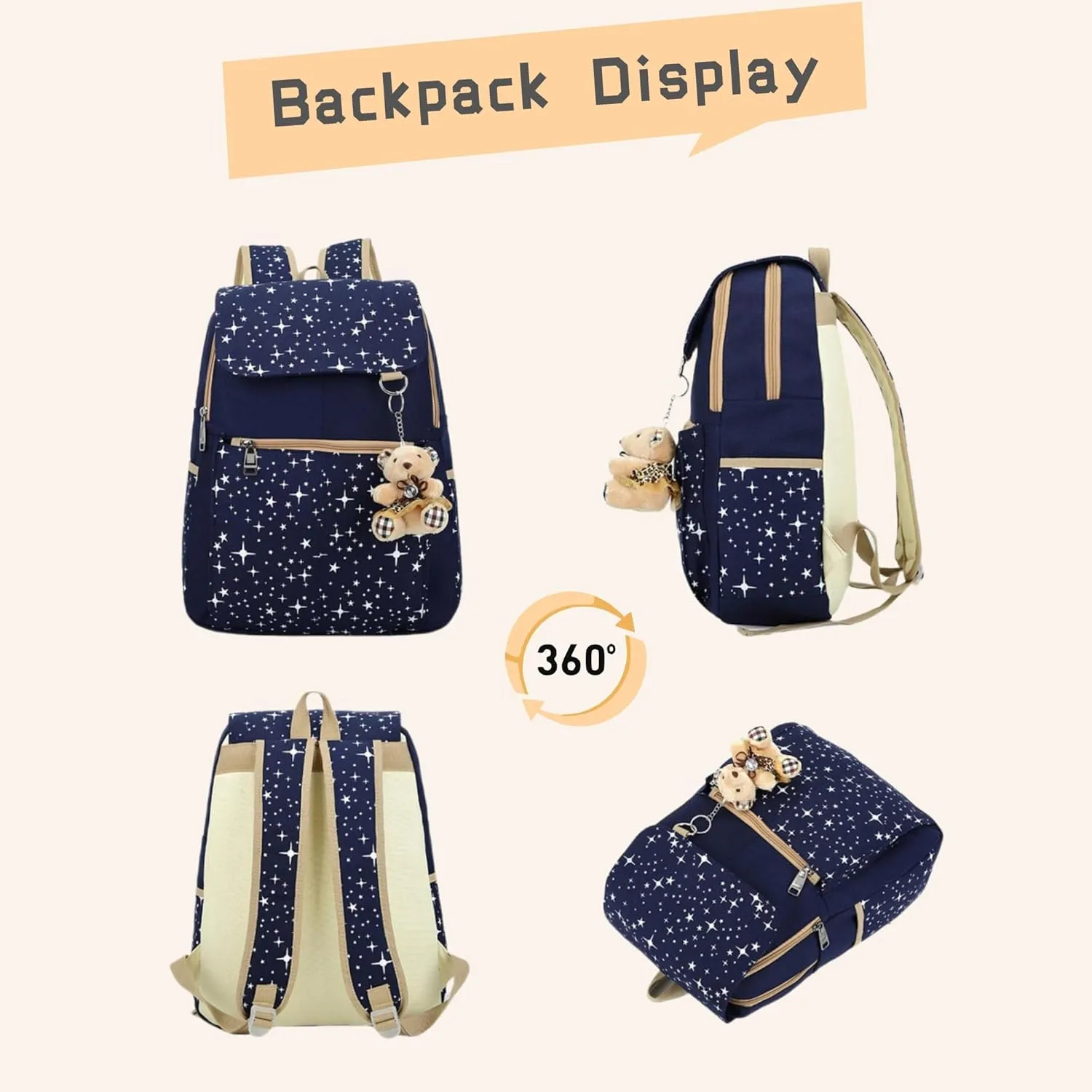 Star Print Girls Backpacks Set for School, School Bags Backpack Bookbags for Teenage Girls, with Crossbody Bag, 3 Pieces