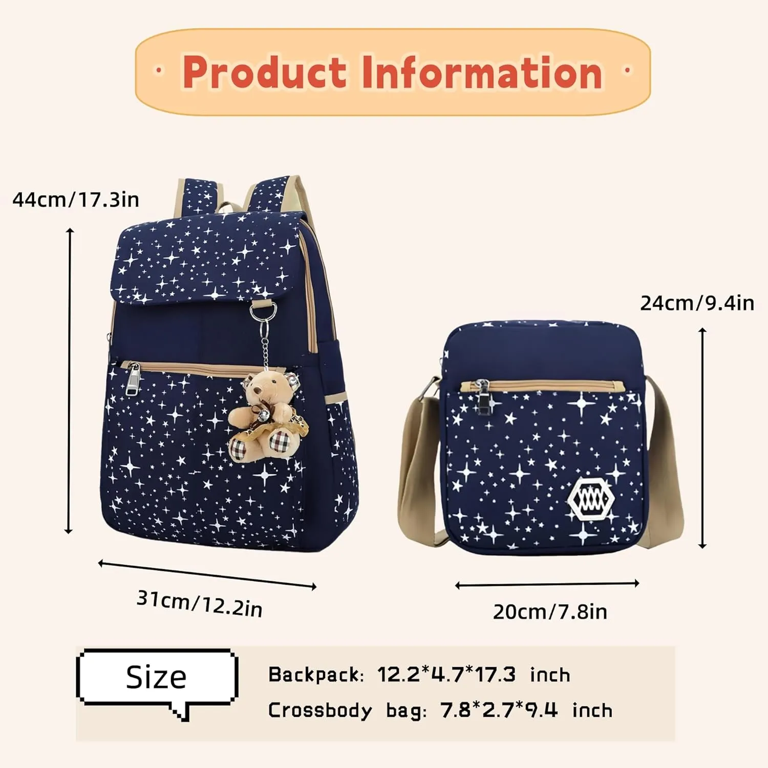 Star Print Girls Backpacks Set for School, School Bags Backpack Bookbags for Teenage Girls, with Crossbody Bag, 3 Pieces
