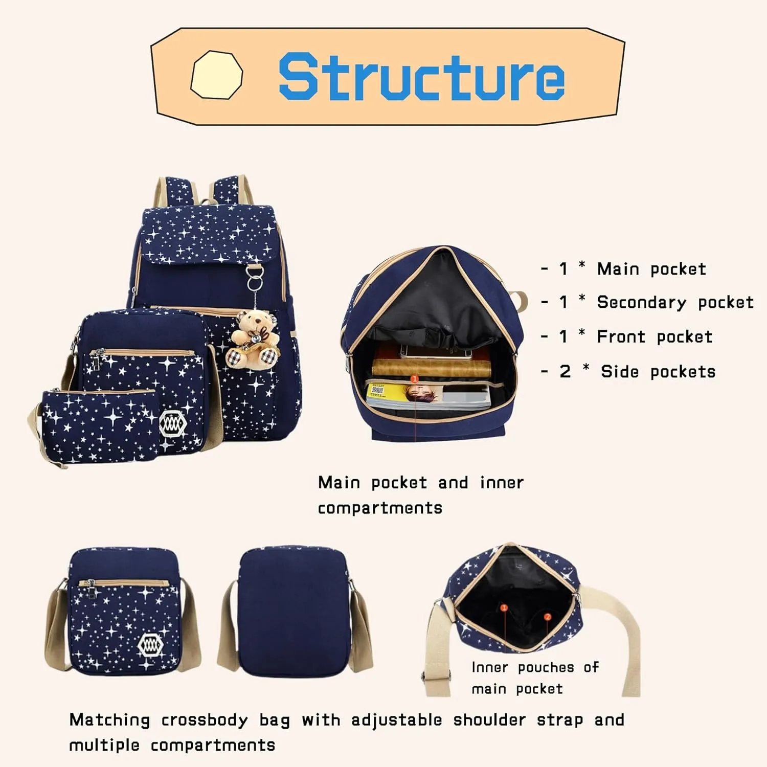 Star Print Girls Backpacks Set for School, School Bags Backpack Bookbags for Teenage Girls, with Crossbody Bag, 3 Pieces