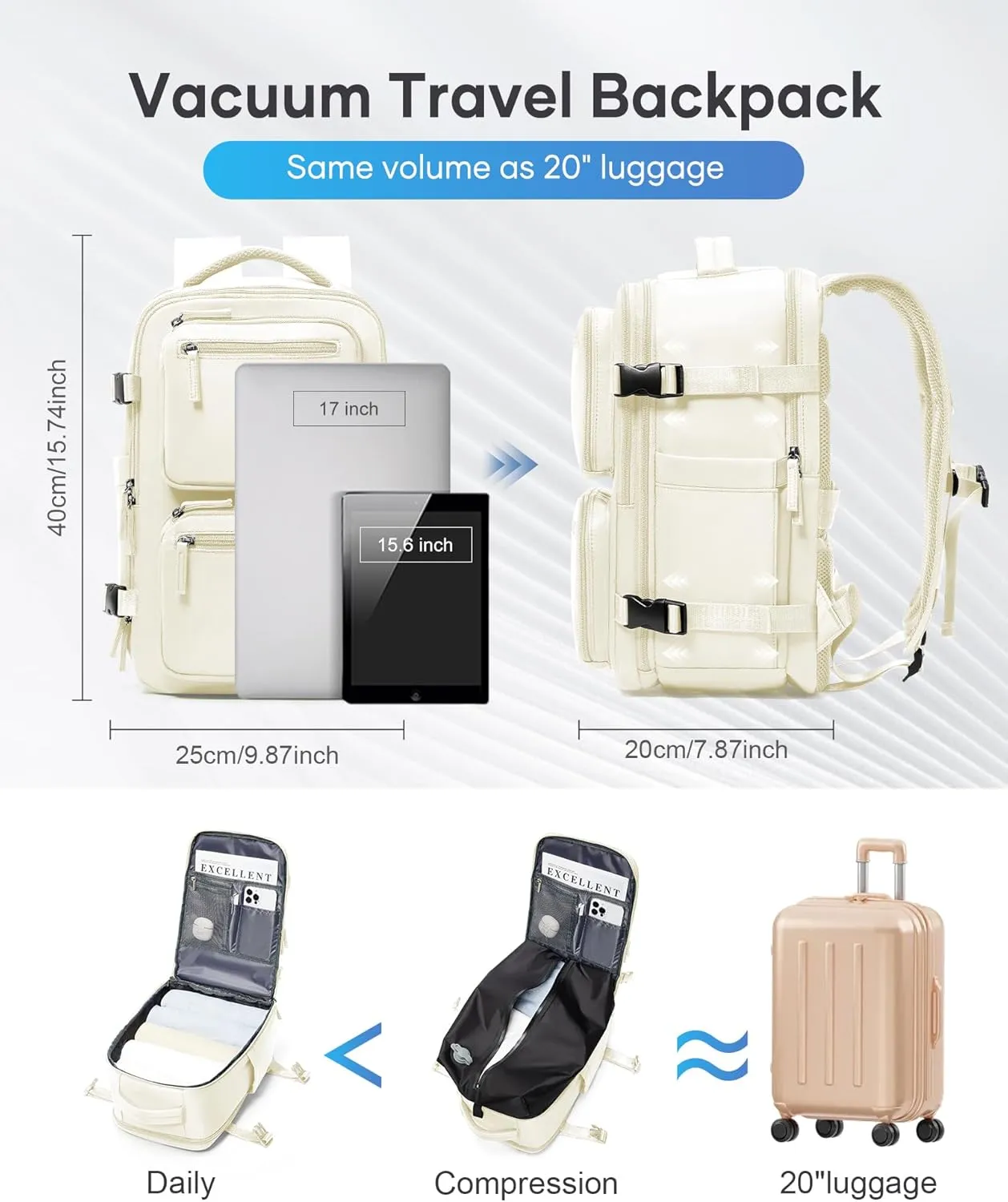 suradar Vacpack Backpack with Vacuum Seal Backpacks Travel Airback Backpack with Pump Travel Backpacks Compression Bag Men Carry On Bag Flight Approved Women Weekender Hiking Work Daypack Beige