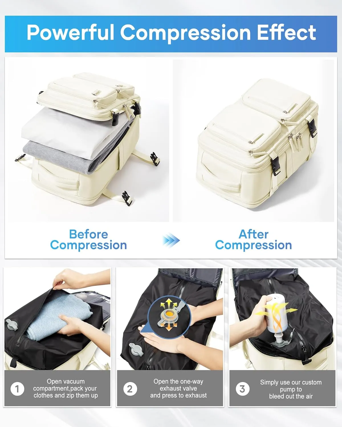 suradar Vacpack Backpack with Vacuum Seal Backpacks Travel Airback Backpack with Pump Travel Backpacks Compression Bag Men Carry On Bag Flight Approved Women Weekender Hiking Work Daypack Beige