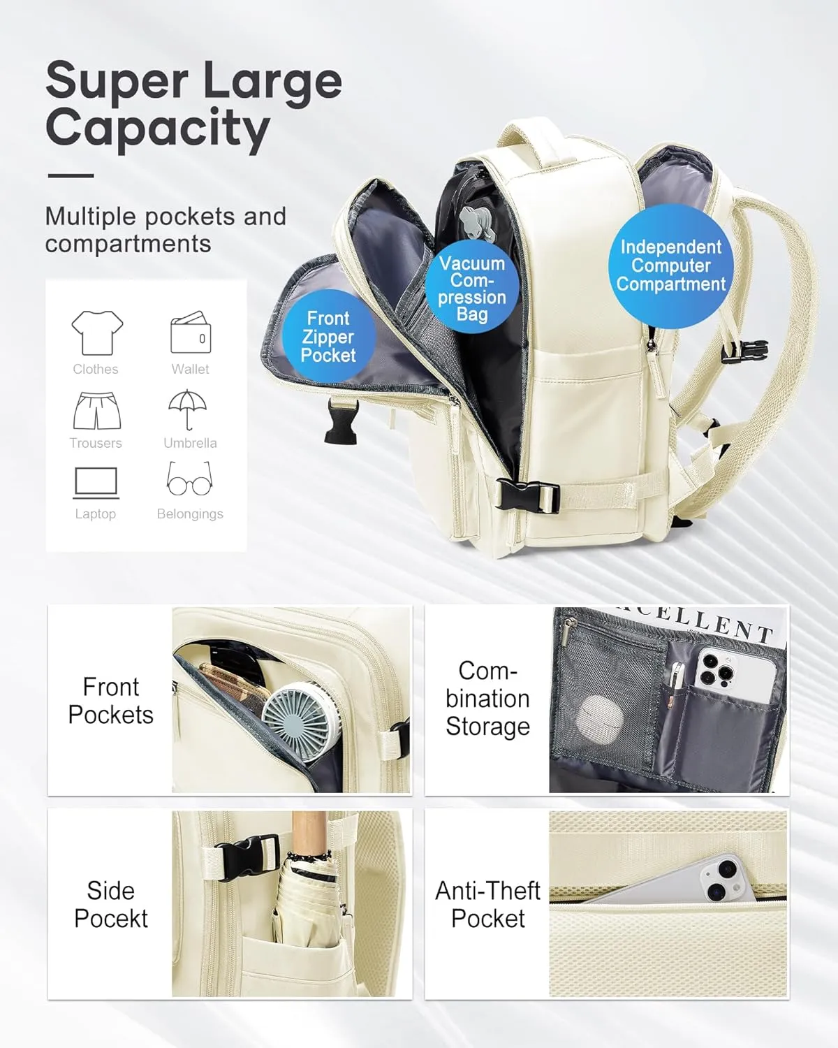 suradar Vacpack Backpack with Vacuum Seal Backpacks Travel Airback Backpack with Pump Travel Backpacks Compression Bag Men Carry On Bag Flight Approved Women Weekender Hiking Work Daypack Beige