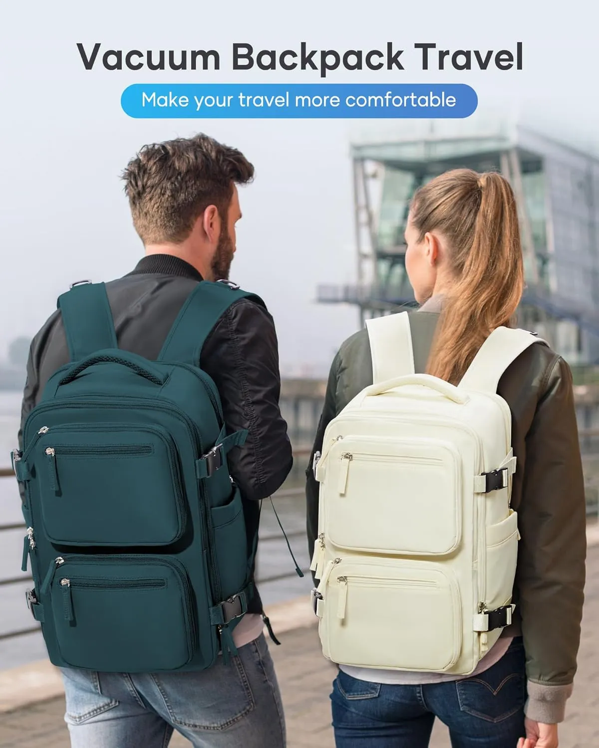 suradar Vacpack Backpack with Vacuum Seal Backpacks Travel Airback Backpack with Pump Travel Backpacks Compression Bag Men Carry On Bag Flight Approved Women Weekender Hiking Work Daypack Beige