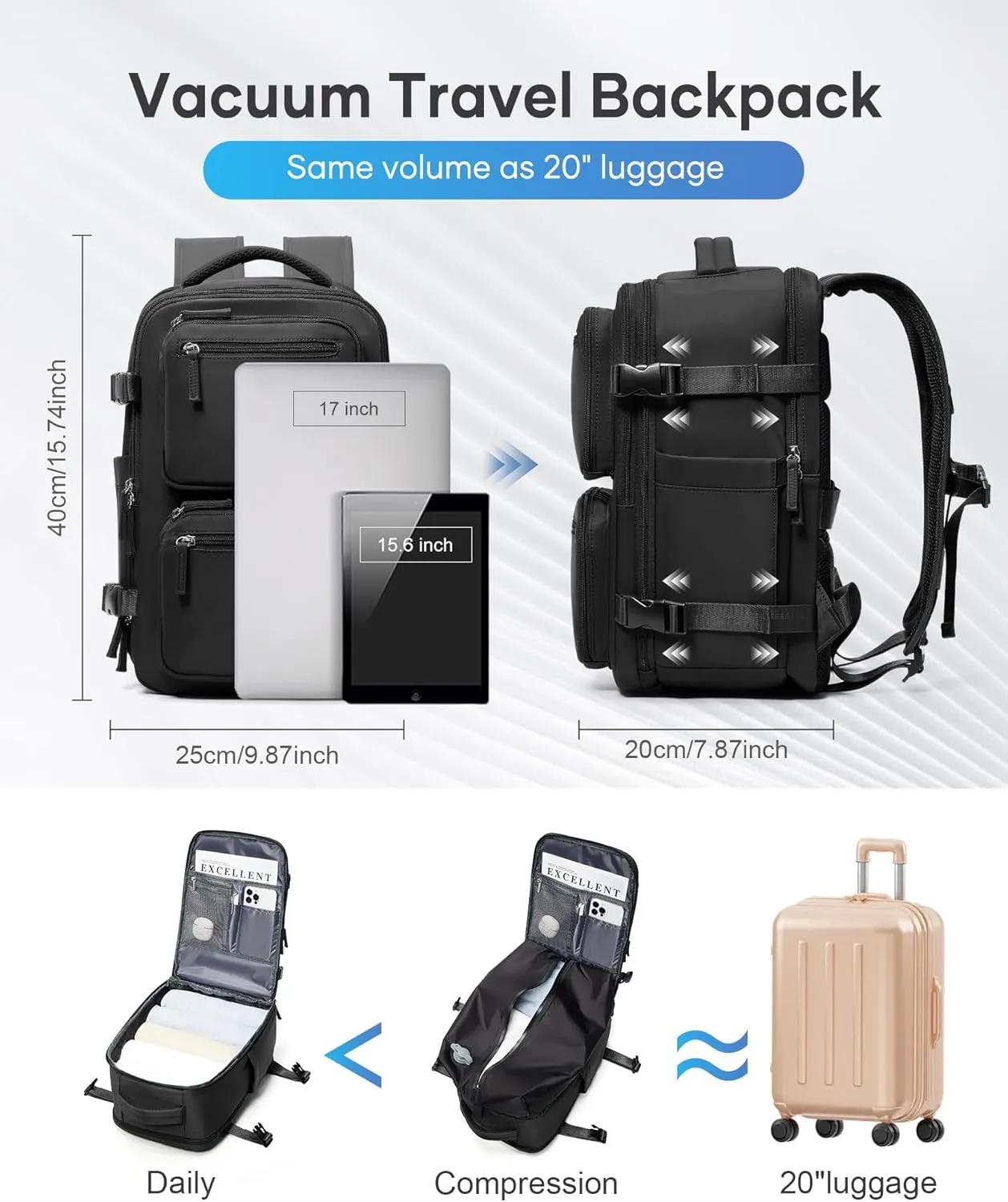 suradar Vacpack Backpack with Vacuum Seal Backpacks Travel Airback Backpack with Pump Travel Backpacks Compression Bag Men Carry On Bag Flight Approved Women Weekender Hiking Work Daypack Black