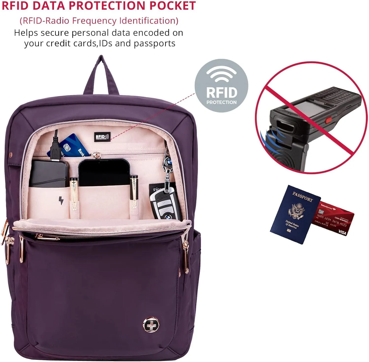 Swissdigital Design College Backpack For Women, Fits 15.6 Inch Laptop Bookbags With USB Charging Port, Large Backpacks For Students, Purple | KATY ROSE