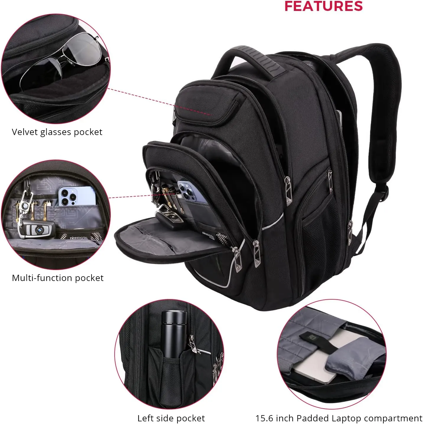 Swissdigital Design Large Travel Backpack For Men, TSA-Friendly Business Laptop Backpack, USB Charging PortRFID Protection Tech Backpack Fits 15.6Inch Laptop Black/Green | J16BTF-21