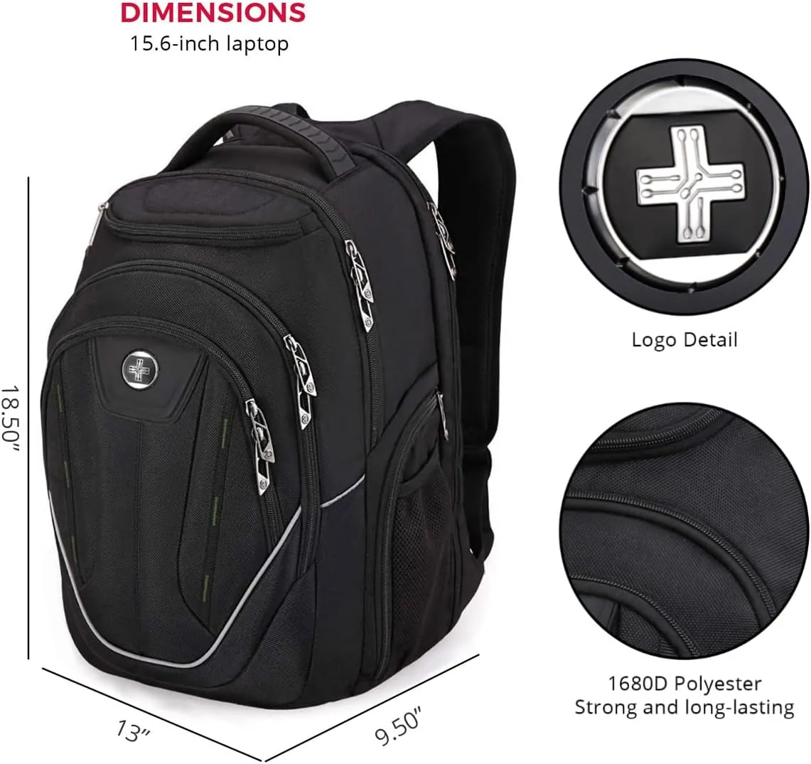 Swissdigital Design Large Travel Backpack For Men, TSA-Friendly Business Laptop Backpack, USB Charging PortRFID Protection Tech Backpack Fits 15.6Inch Laptop Black/Green | J16BTF-21