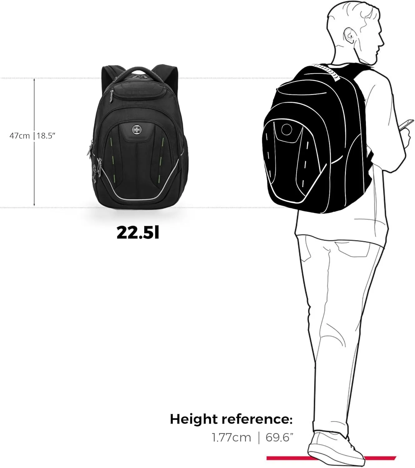 Swissdigital Design Large Travel Backpack For Men, TSA-Friendly Business Laptop Backpack, USB Charging PortRFID Protection Tech Backpack Fits 15.6Inch Laptop Black/Green | J16BTF-21