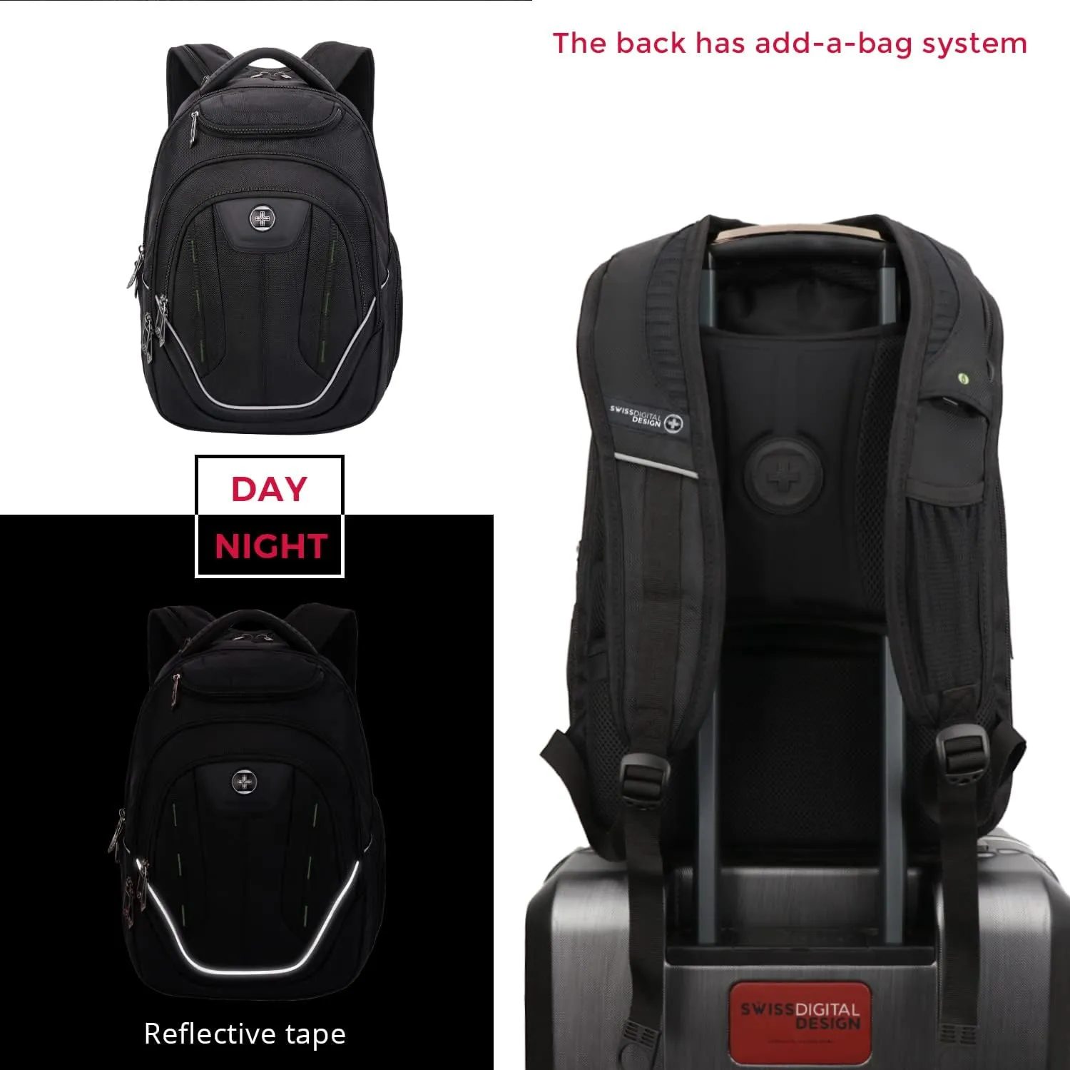 Swissdigital Design Large Travel Backpack For Men, TSA-Friendly Business Laptop Backpack, USB Charging PortRFID Protection Tech Backpack Fits 15.6Inch Laptop Black/Green | J16BTF-21