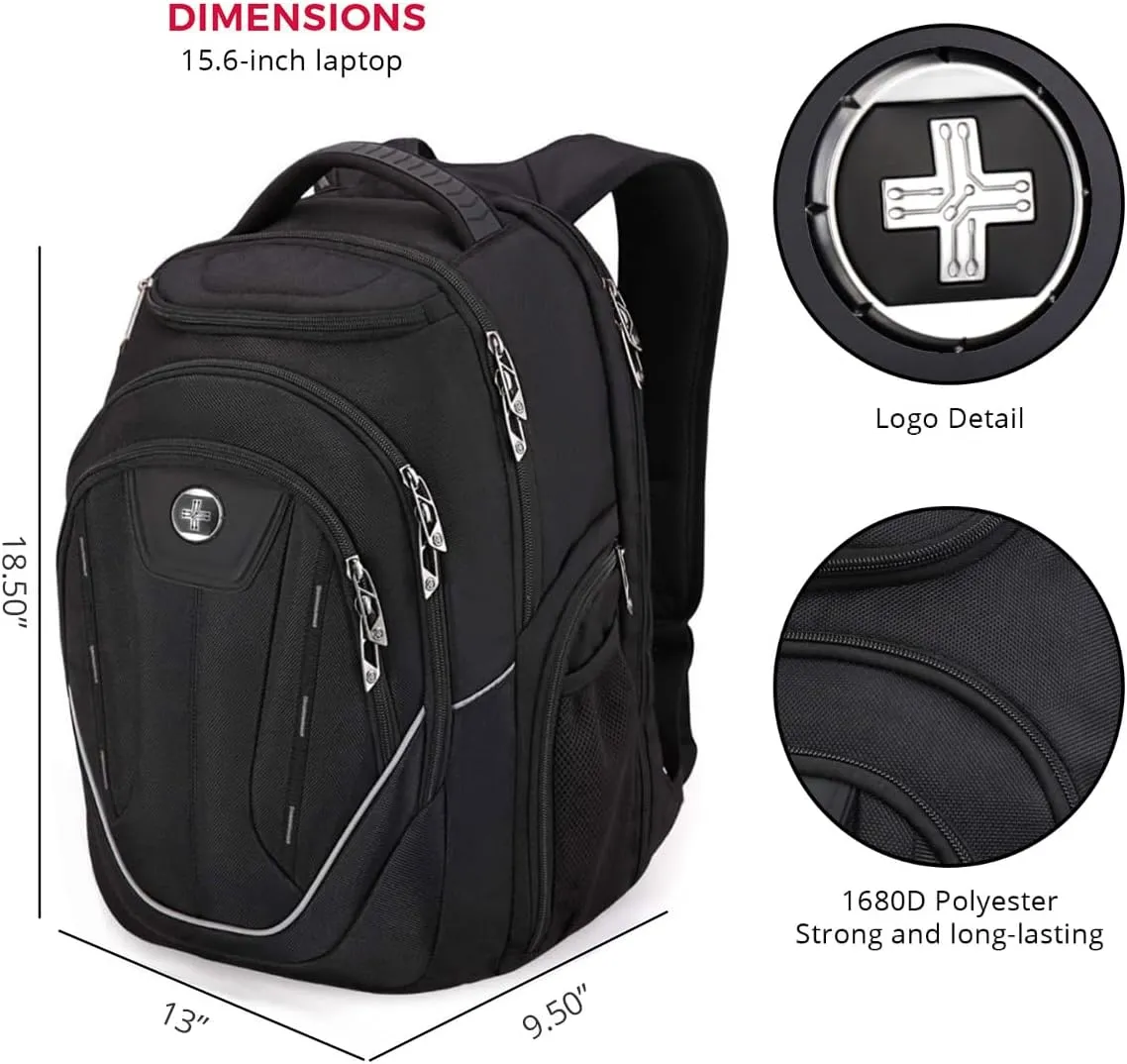Swissdigital Design Large Travel Backpack For Men, TSA-Friendly Business Laptop Backpack, USB Charging PortRFID Protection Tech Backpack Fits 15.6Inch Laptop Black/Grey | J16BTF-02
