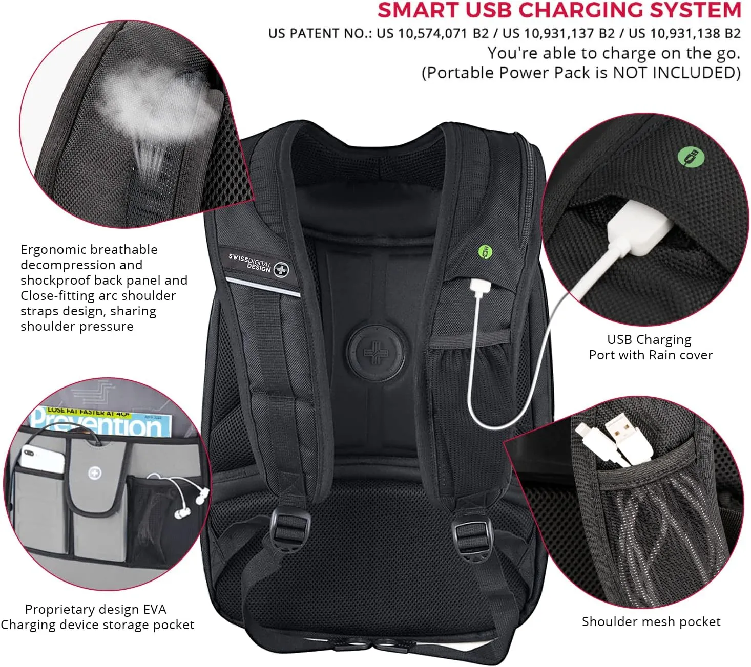 Swissdigital Design Large Travel Backpack For Men, TSA-Friendly Business Laptop Backpack, USB Charging PortRFID Protection Tech Backpack Fits 15.6Inch Laptop Black/Grey | J16BTF-02