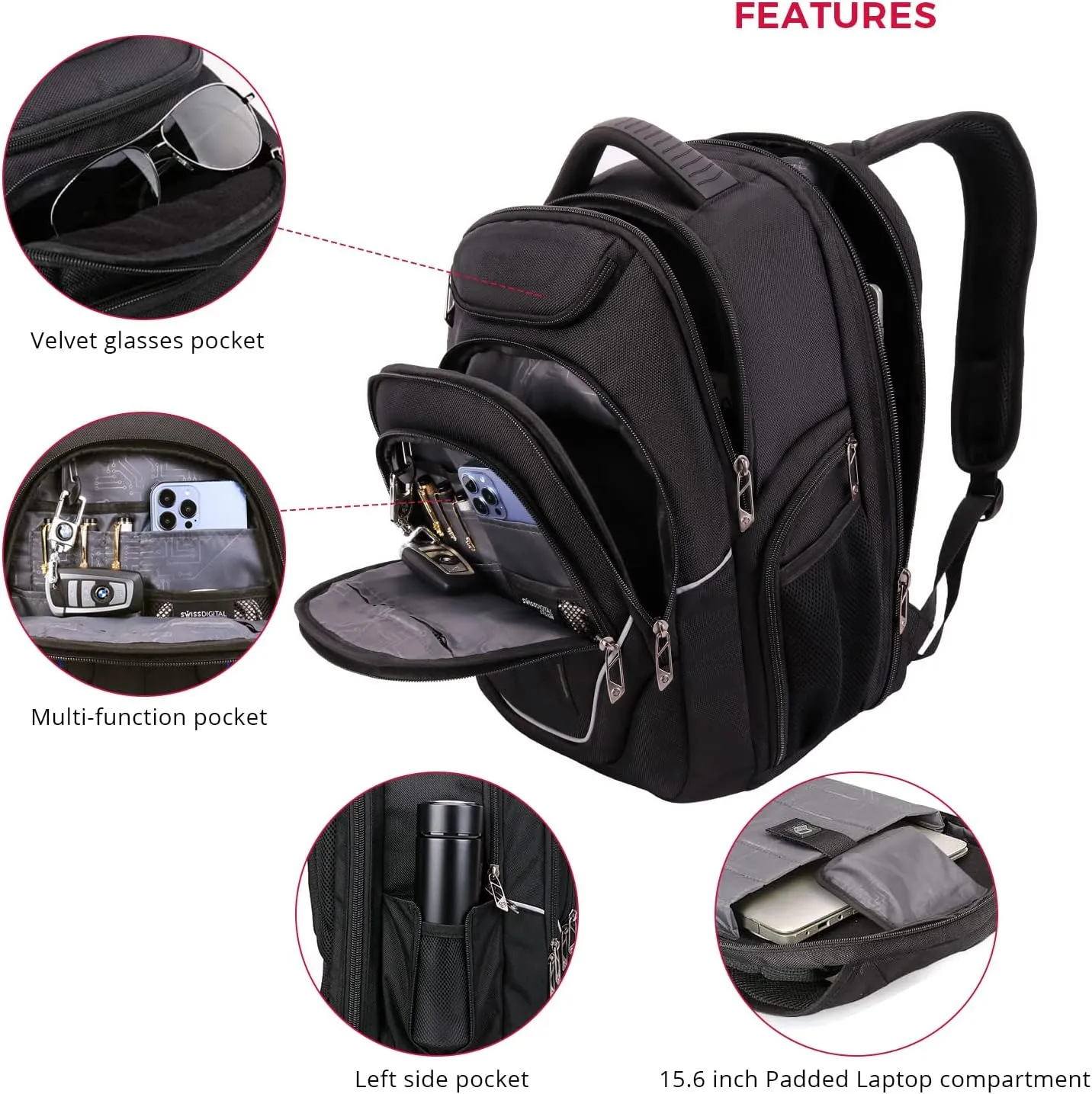 Swissdigital Design Large Travel Backpack For Men, TSA-Friendly Business Laptop Backpack, USB Charging PortRFID Protection Tech Backpack Fits 15.6Inch Laptop Black/Grey | J16BTF-02
