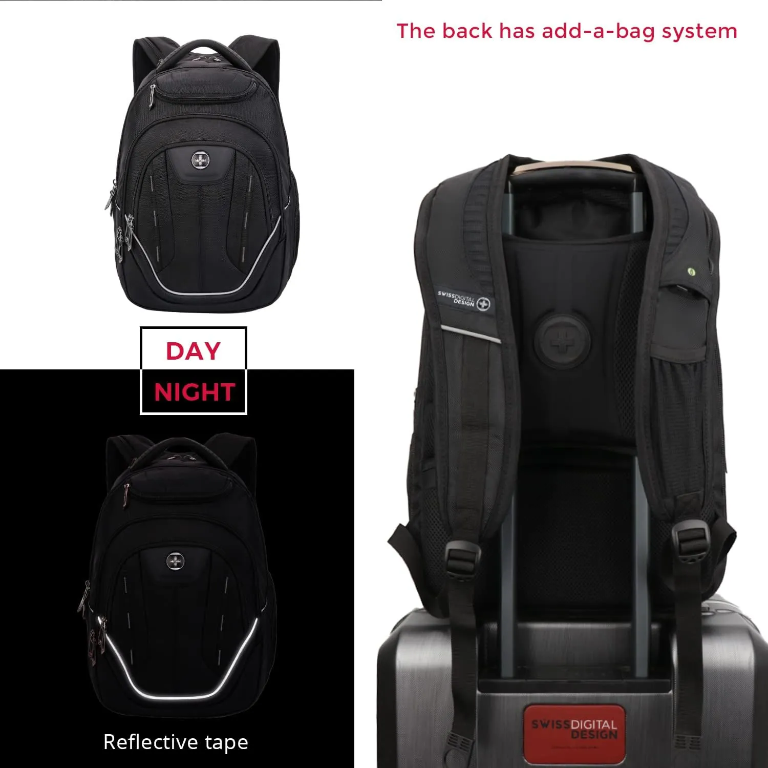 Swissdigital Design Large Travel Backpack For Men, TSA-Friendly Business Laptop Backpack, USB Charging PortRFID Protection Tech Backpack Fits 15.6Inch Laptop Black/Grey | J16BTF-02