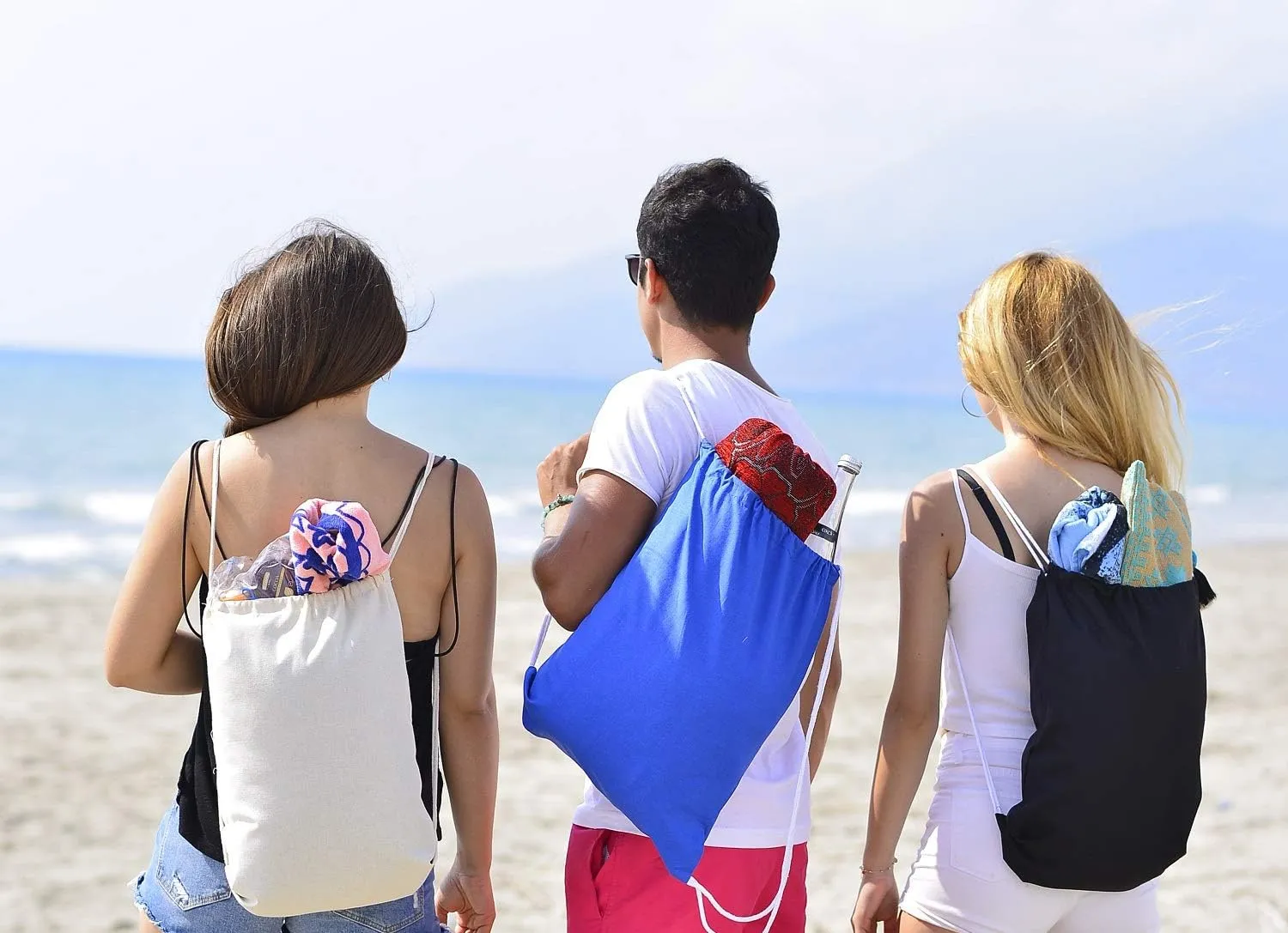 TBF Cotton Drawstring Backpack Gym Sack Canvas Cinch Sport Pack for Men, Women - Set of 12, Natural