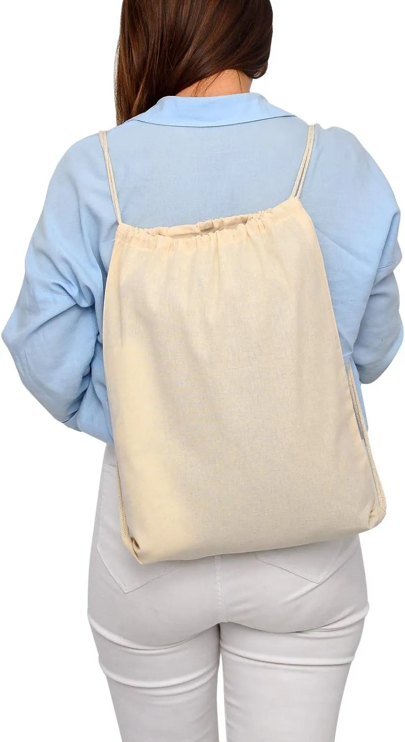 TBF Cotton Drawstring Backpack Gym Sack Canvas Cinch Sport Pack for Men, Women - Set of 12, Natural