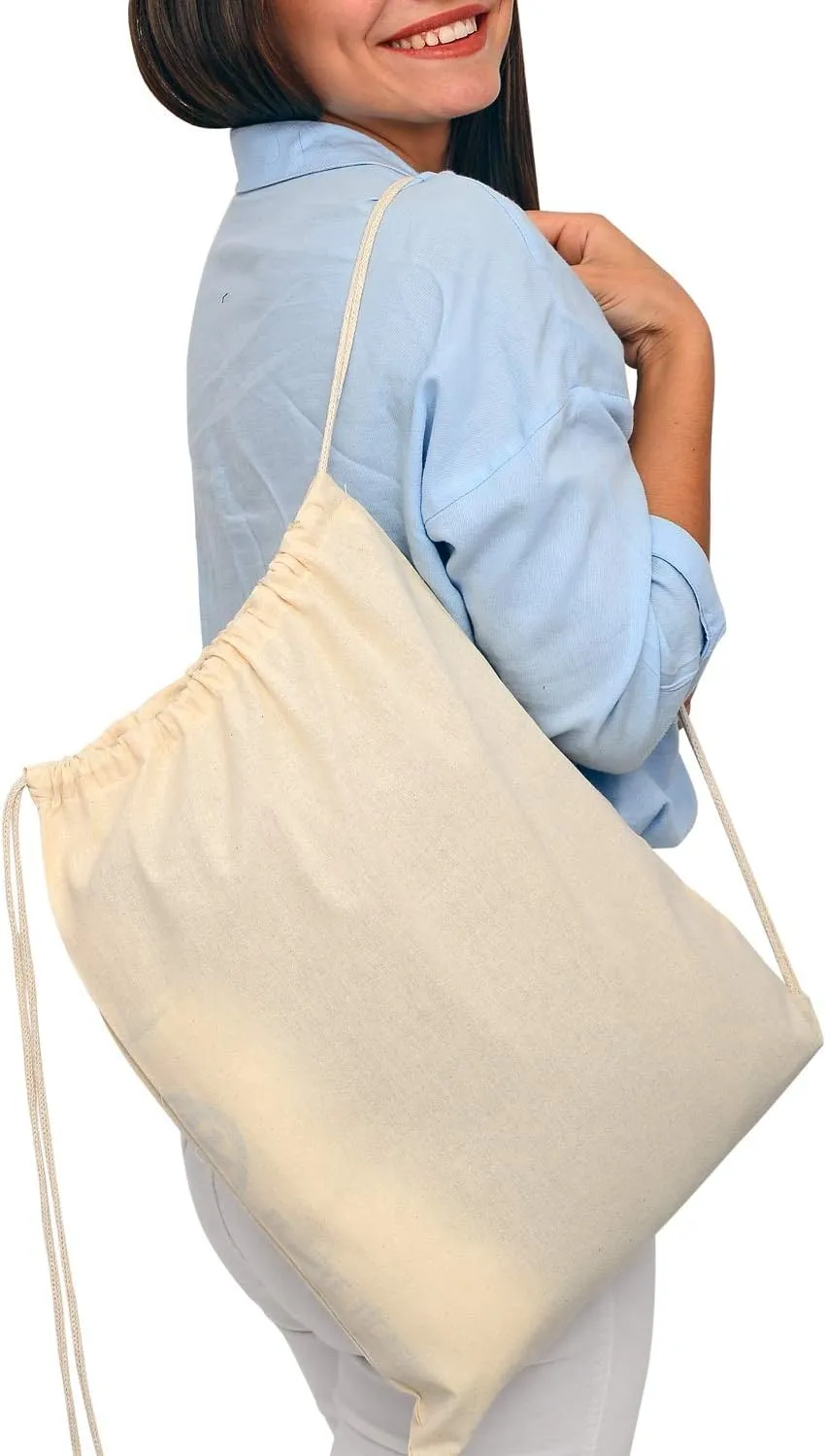 TBF Cotton Drawstring Backpack Gym Sack Canvas Cinch Sport Pack for Men, Women - Set of 12, Natural